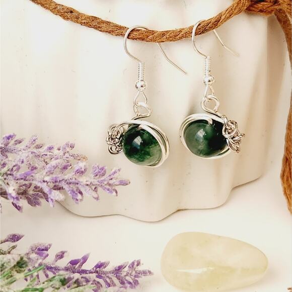 Green Natural Jade Stone Earrings, Silver Plated Wire Wrapped Earrings - Picture 3 of 12